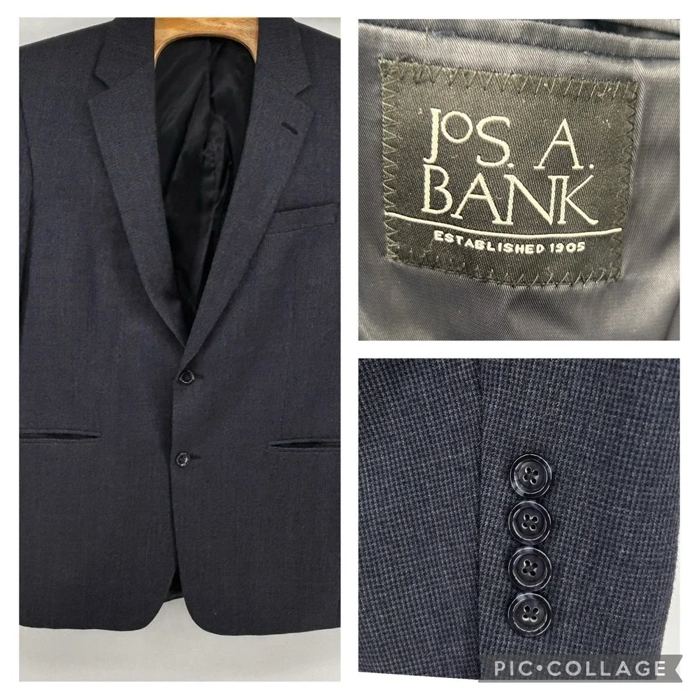Jos A Banks 42L Blue Mirco Houndstooth Blazer Wool Cashmere Blend‎ Sportscoat